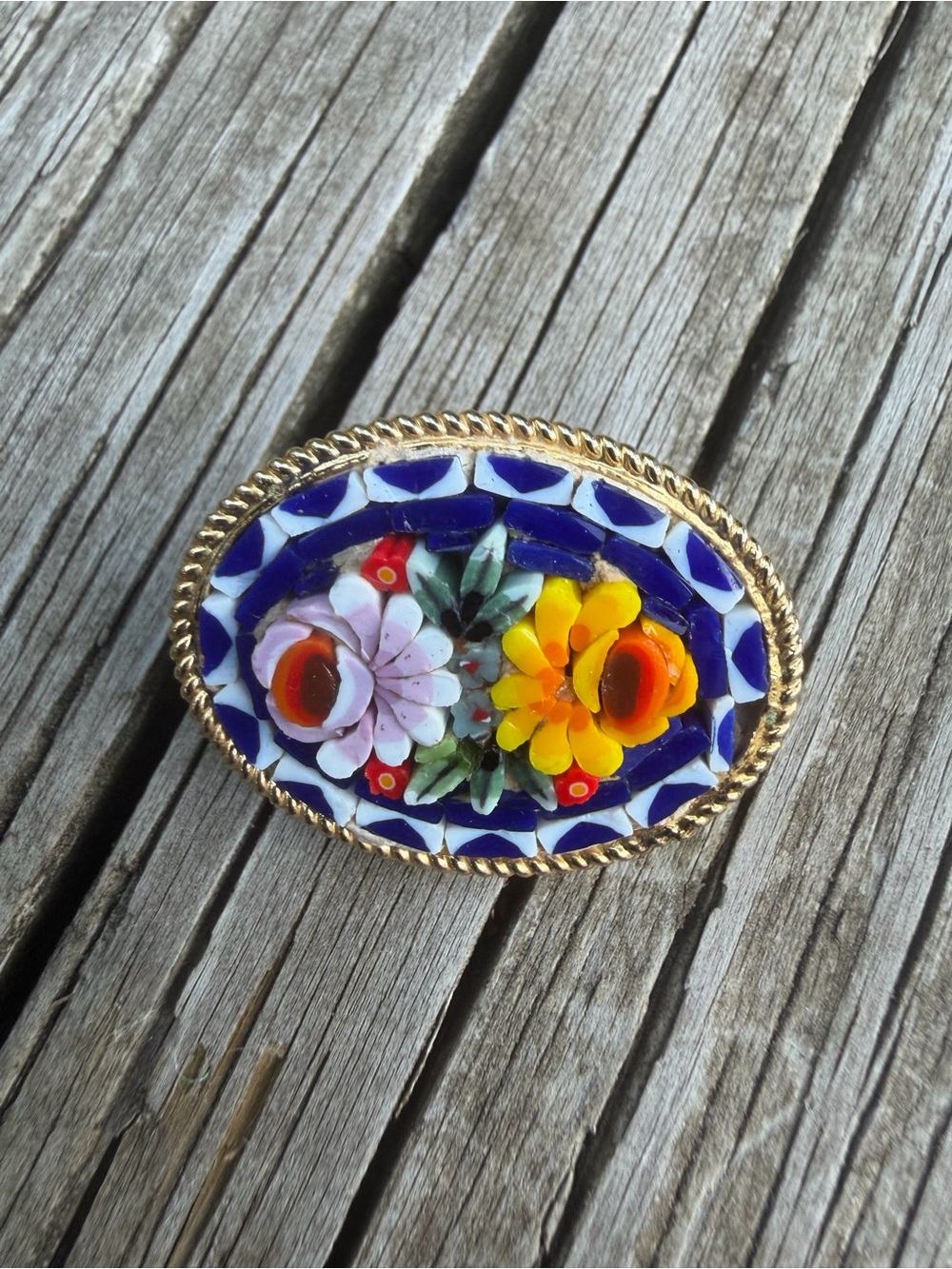 Italian Mosaic Pin/Brooch As Is Floral Blue While GoldTone  1.25” Length X 1” W